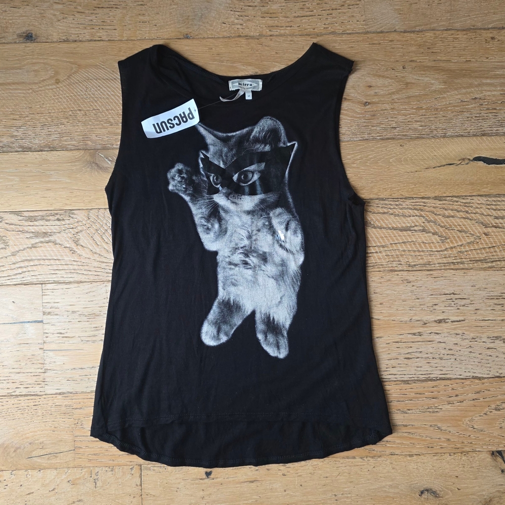 2000's Vintage PacSun Kirra Black Cat Sleeveless Tee Tank Halloween Vibes